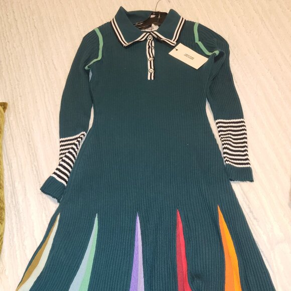 CHRISTOPHER JOHN ROGERS Godet striped ribbed merino wool polo maxi dres - Picture 2 of 5